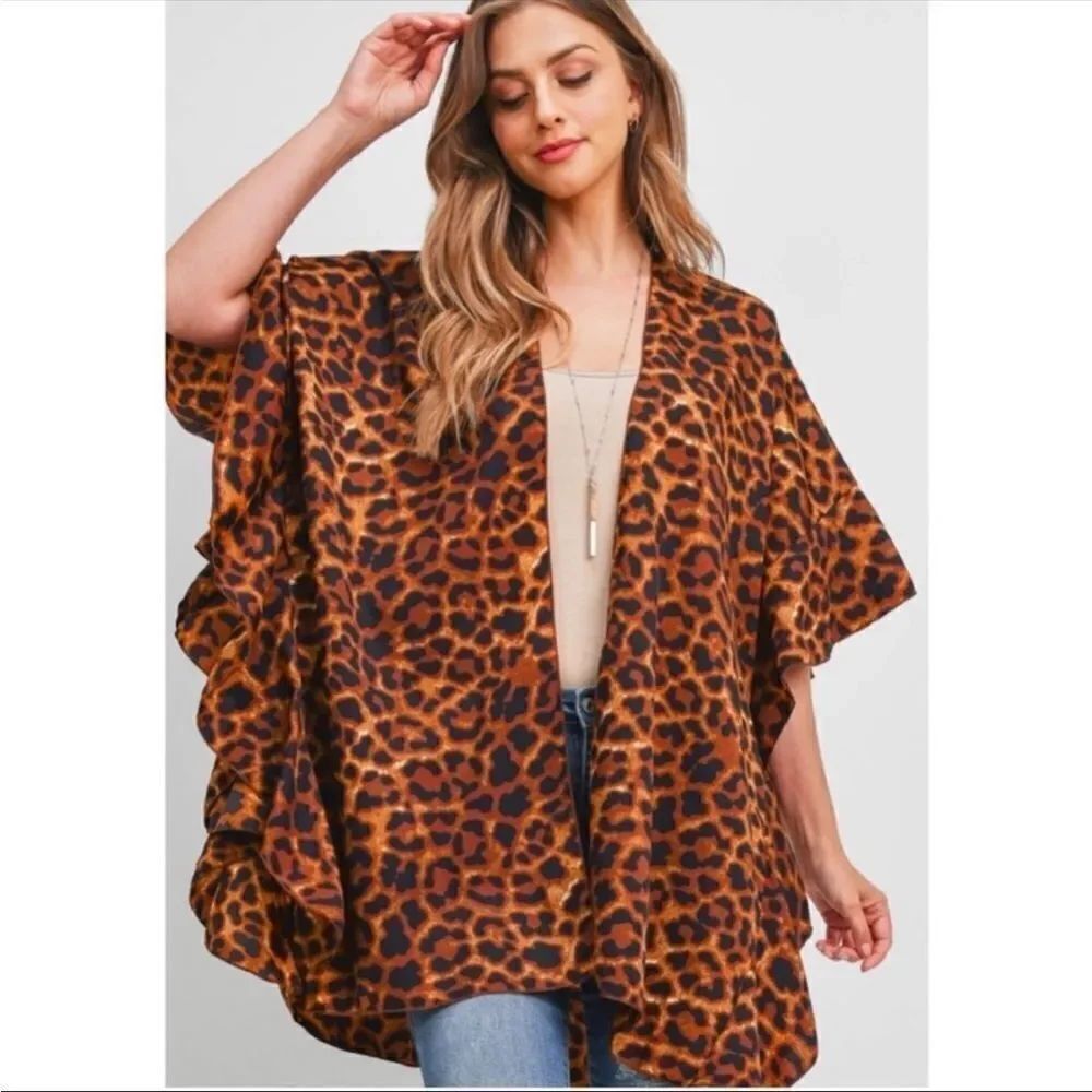 NWT- cheetah Print Ruffle Wide Arm Kimono Cover up- One size